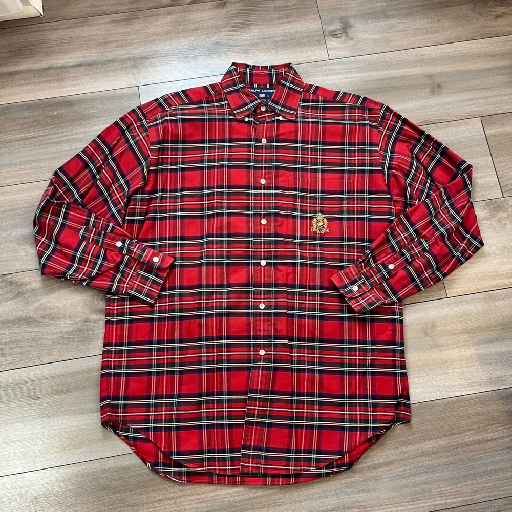 Ralph Lauren Sport Mens Medium Red Plaid Crest Button Down Shirt Cotton J-20